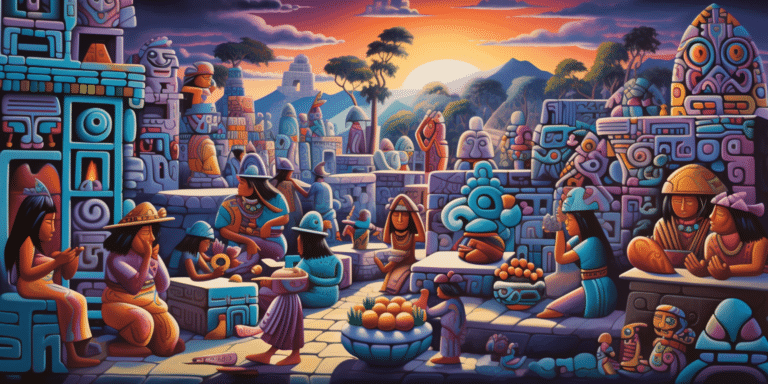 graphic of aztec people working in colorful way