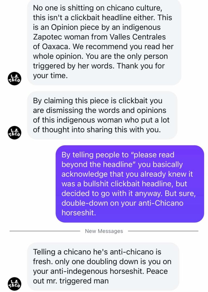 Direct Message showing LA Taco Editor Dismissing Chicano Concerns