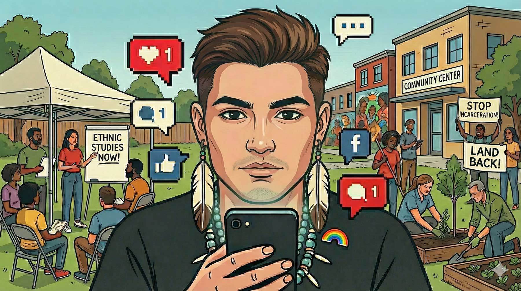 illustraion of a young light-skinned person on social mesi while people in the background are actually working